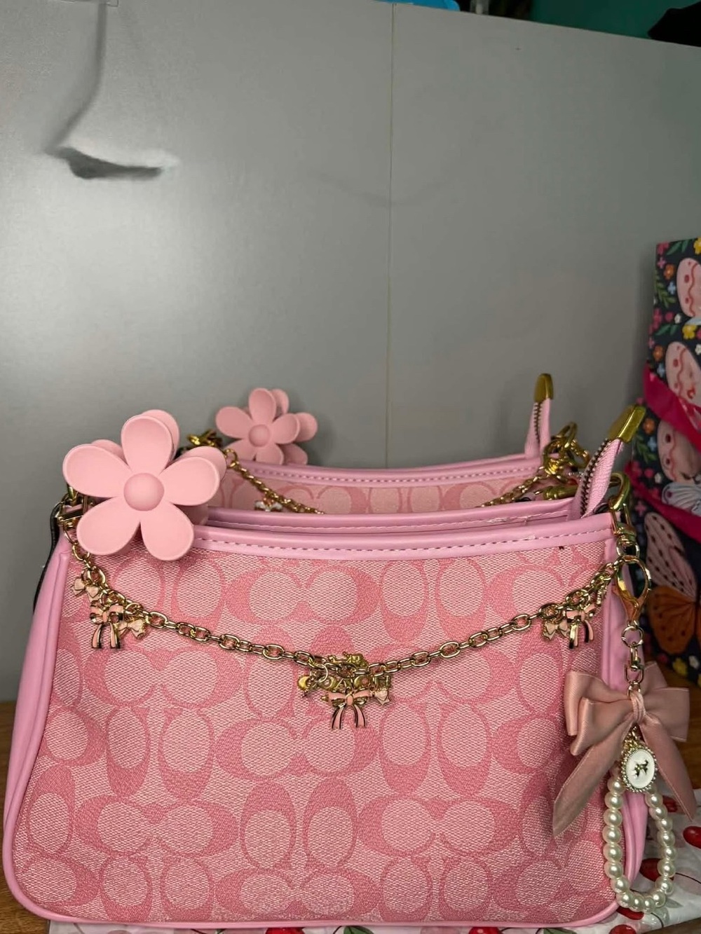 Pink Floral Charm Card & Key Holder with Gold Chain Accents